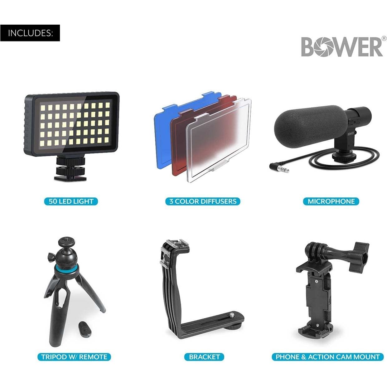 Kit de vlogger para Telefonos inteligentes con LED, micrófono y control remoto, Bower