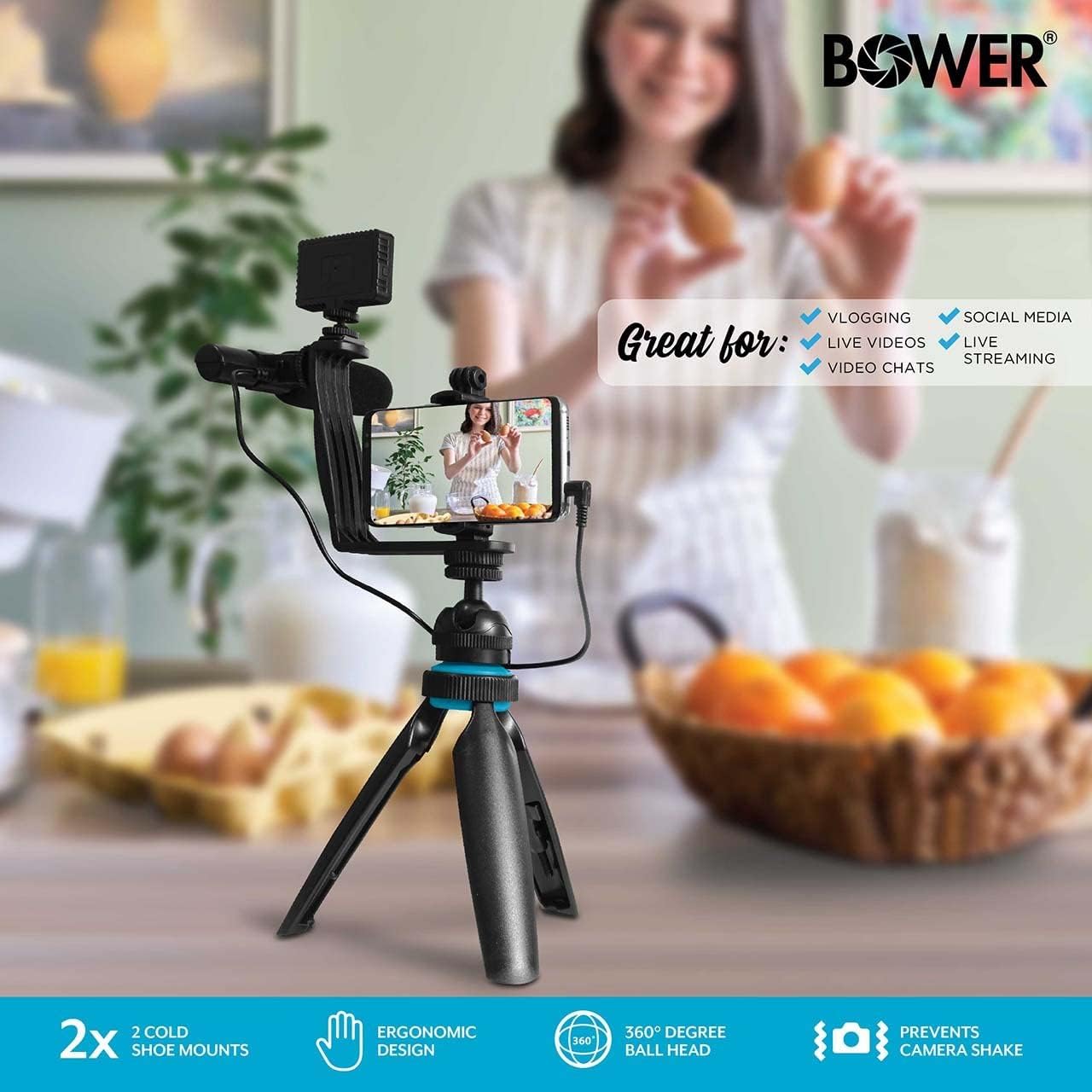 Kit de vlogger para Telefonos inteligentes con LED, micrófono y control remoto, Bower