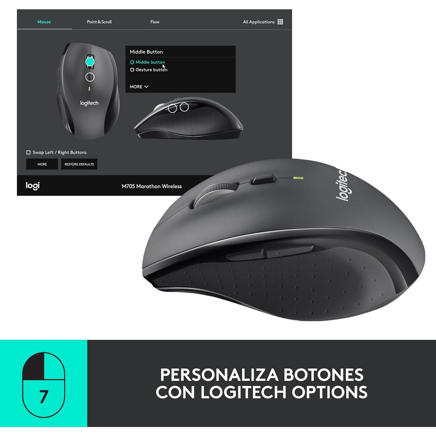 Mouse Inalámbrico Ergonómico Logitech M705, Negro