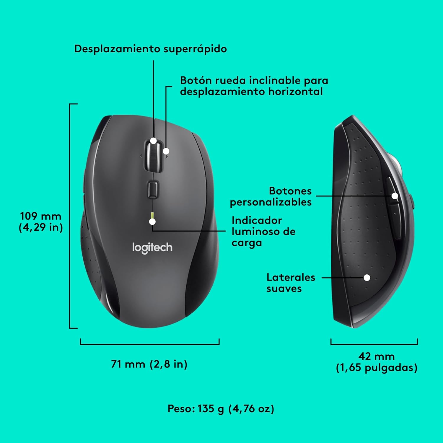 Mouse Inalámbrico Ergonómico Logitech M705, Negro